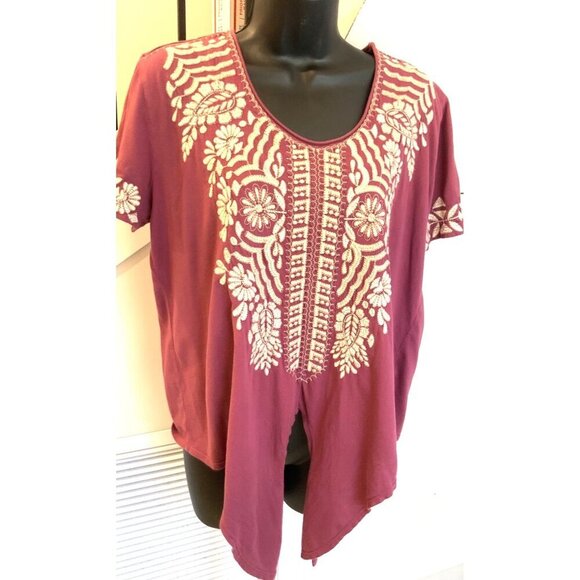 Johnny Was top tie front short sleeves wine/ embroidered  medium - Picture 1 of 5